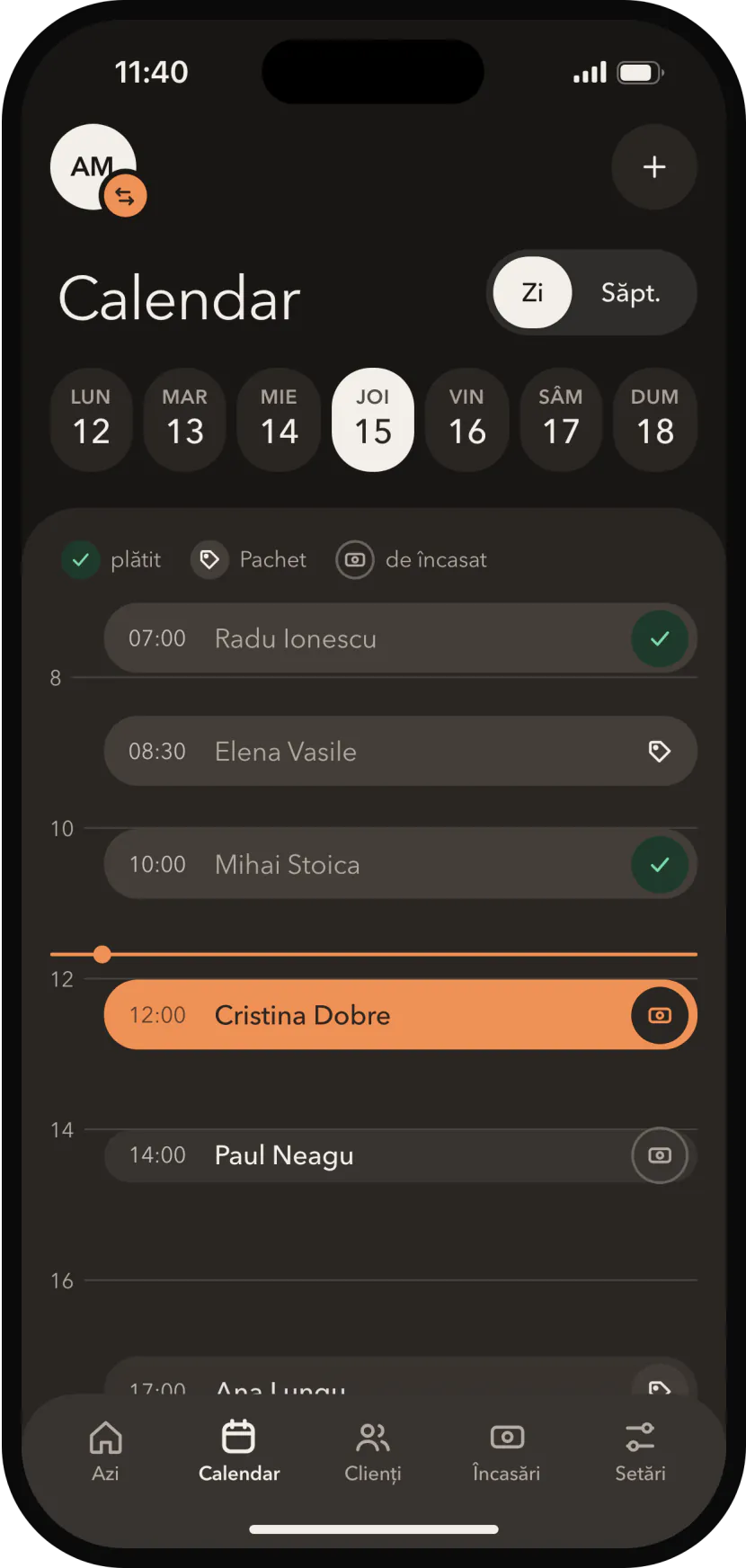 Calendarul unei zile, cu programările una sub alta și cea în curs evidențiată.