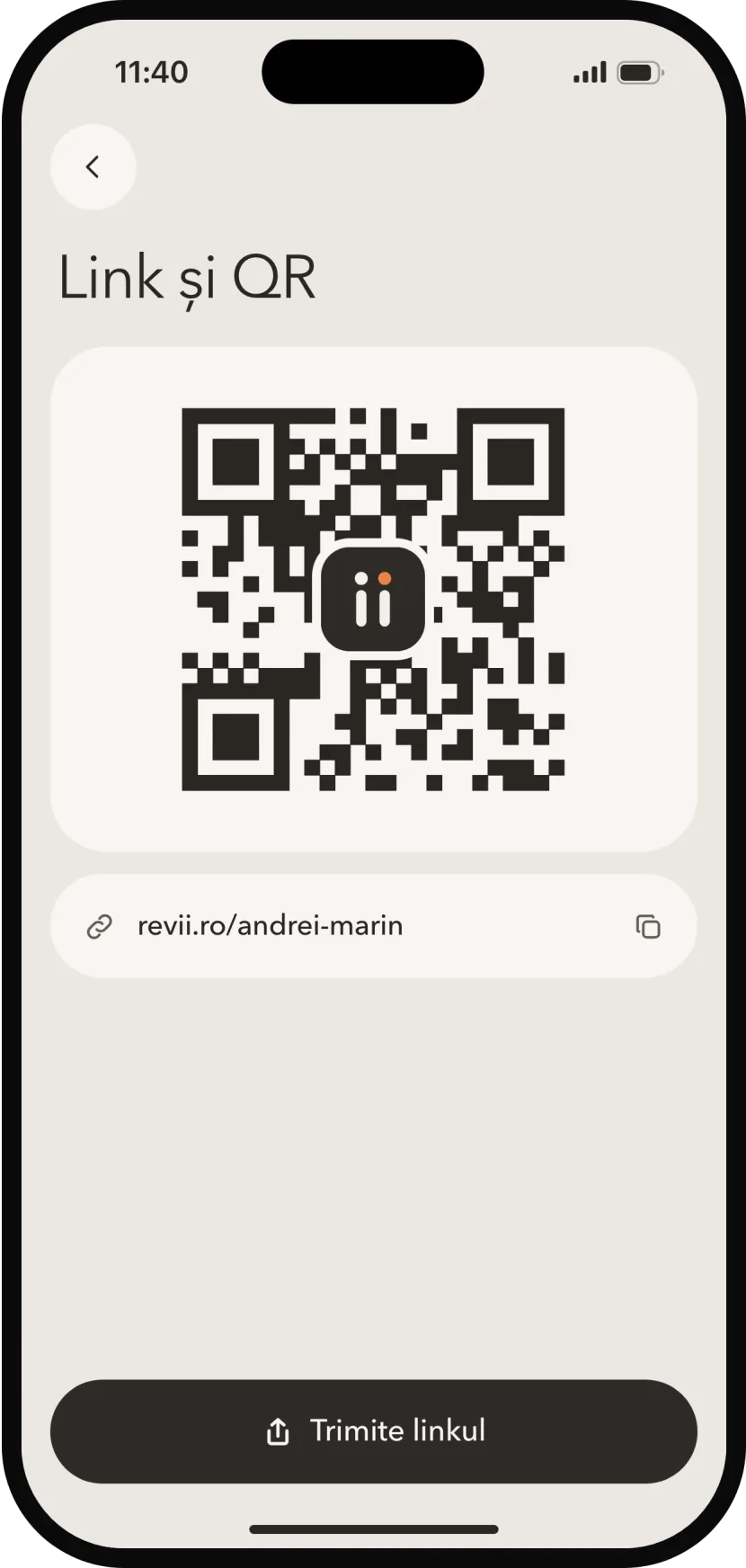 Linkul revii.ro/andrei-marin și codul QR al unei afaceri, gata de trimis clienților.