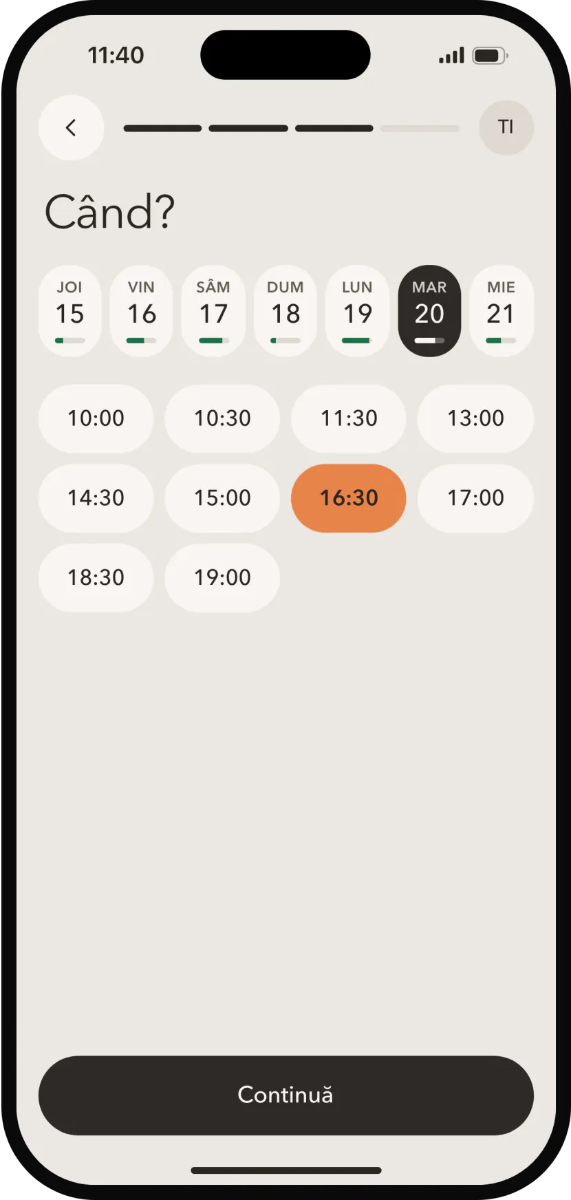 Alegerea zilei și a orei pentru o programare, cu ora 16:30 aleasă.